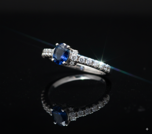 Anneau de pierre précieuse bleu ovale classique en argent sterling à demi-éternité