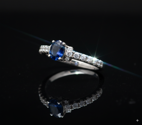 Anneau de pierre précieuse bleu ovale classique en argent sterling à demi-éternité