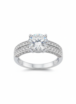 Bague en argent rhodié avec cristal rond blanc