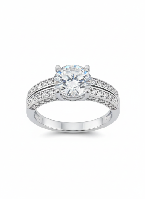 Bague en argent rhodié avec cristal rond blanc