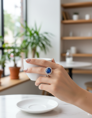 Bague de fiançailles ronde en pierre précieuse bleue