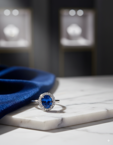 Bague de fiançailles ronde en pierre précieuse bleue